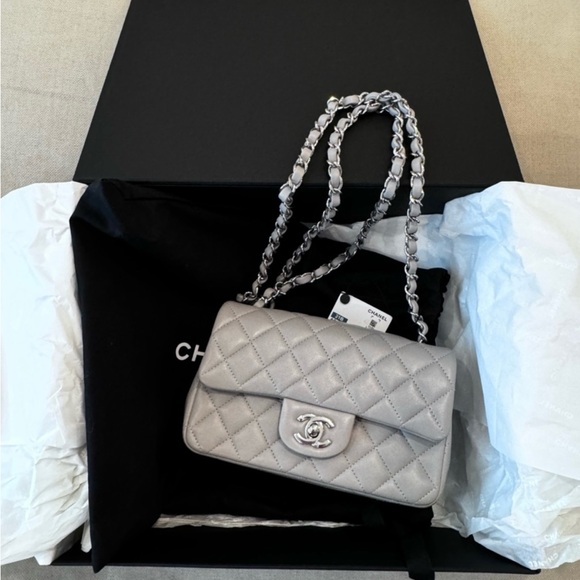 SOLD: CHANEL Elegant Gray Quilted Mini Rectangular Shoulder Bag - Picture 1 of 14
